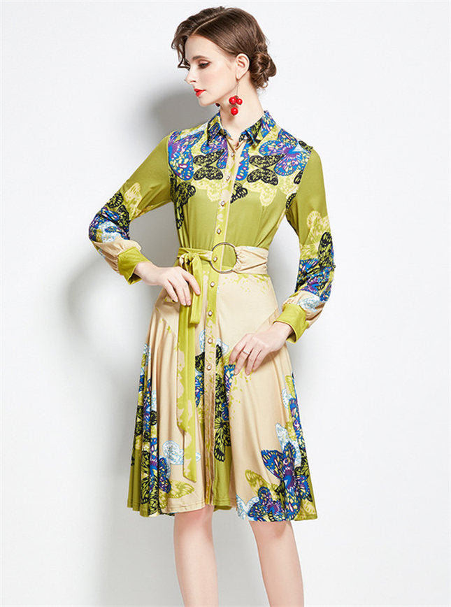 CM-DF081718 Women Retro European Style Single-Breasted Tie Waist Butterfly Dress - Green