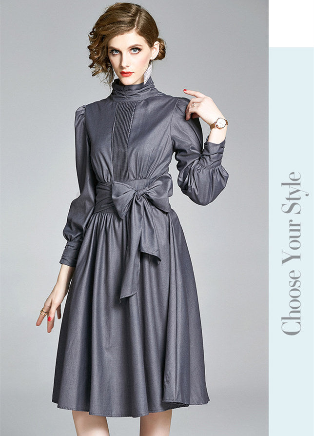 CM-DF081905 Women European Style Stand Collar Tie Bowknot A-Line Dress - Gray