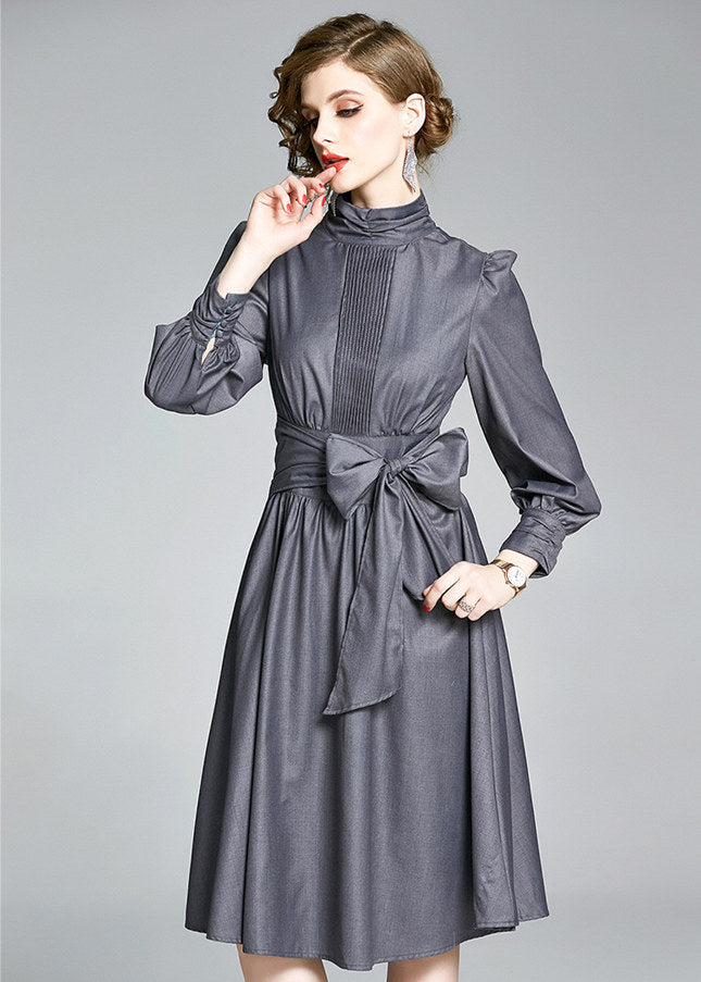 CM-DF081905 Women European Style Stand Collar Tie Bowknot A-Line Dress - Gray