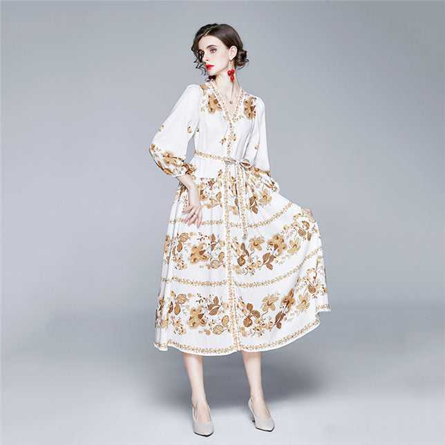 CM-DF081919 Women Charming European Style Tie Waist V-Neck Floral Maxi Dress - White