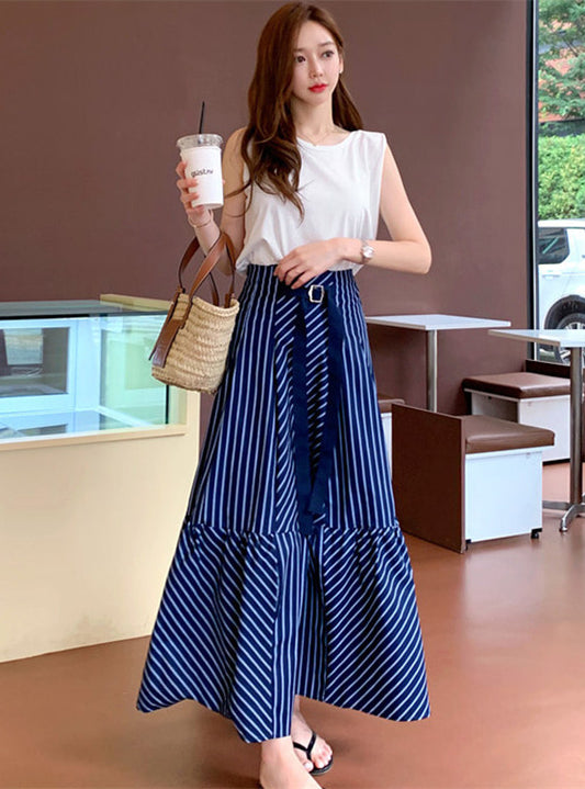 CM-SF082002 Women Casual Seoul Style Sleeveless Blouse With High Waist Stripes Skirt - Set