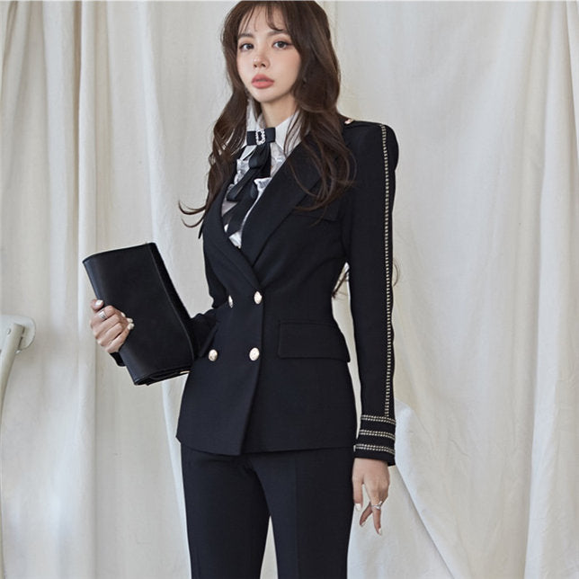 CM-SF082001 Women Elegant Seoul Style Double-Breasted Tailored Collar Leisure Suits - Set