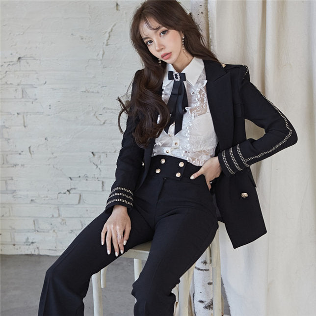 CM-SF082001 Women Elegant Seoul Style Double-Breasted Tailored Collar Leisure Suits - Set