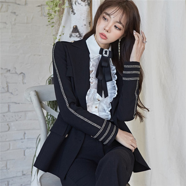 CM-SF082001 Women Elegant Seoul Style Double-Breasted Tailored Collar Leisure Suits - Set