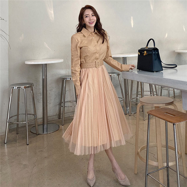 CM-DF082004 Women Elegant Seoul Style Shirt Collar Splicing Gauze Pleated Dress (Available in 2 colors)