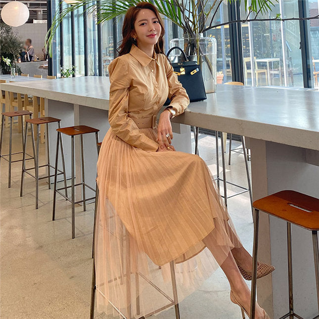 CM-DF082004 Women Elegant Seoul Style Shirt Collar Splicing Gauze Pleated Dress (Available in 2 colors)