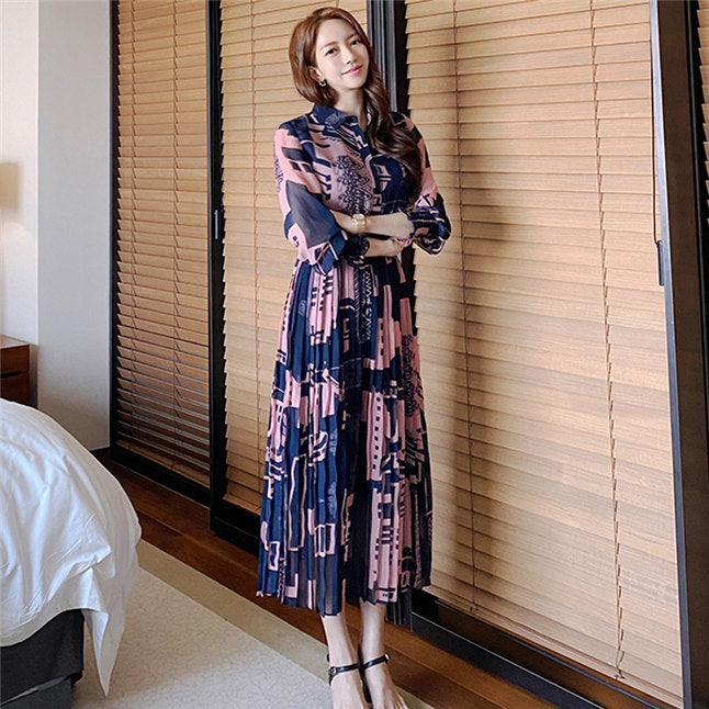 CM-DF082006 Women Casual Seoul Style High Waist Color Block Pleated Shirt Dress