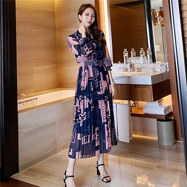 CM-DF082006 Women Casual Seoul Style High Waist Color Block Pleated Shirt Dress
