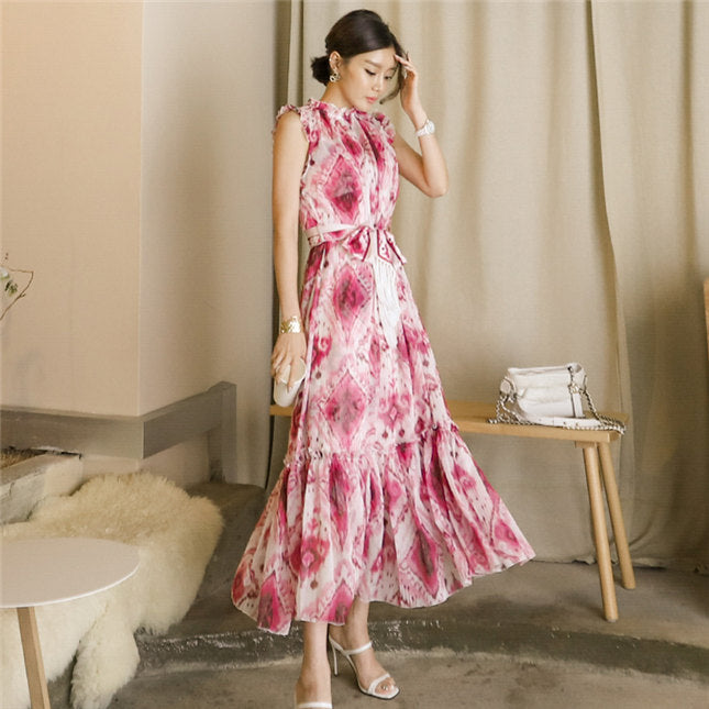 CM-DF082007 Women Casual Seoul Style Sleeveless Tie Waist Floral Fishtail Long Dress
