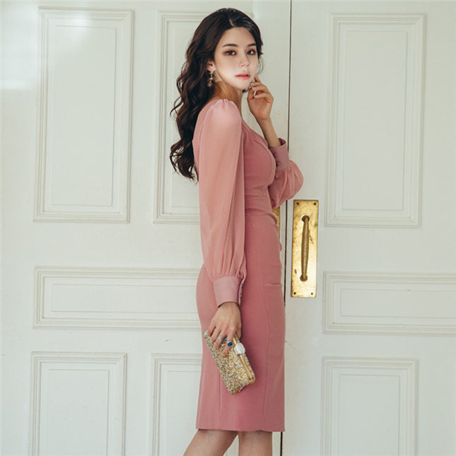 CM-DF082018 Women Elegant Seoul Style Square Collar Chiffon Sleeve Slim Dress - Pink