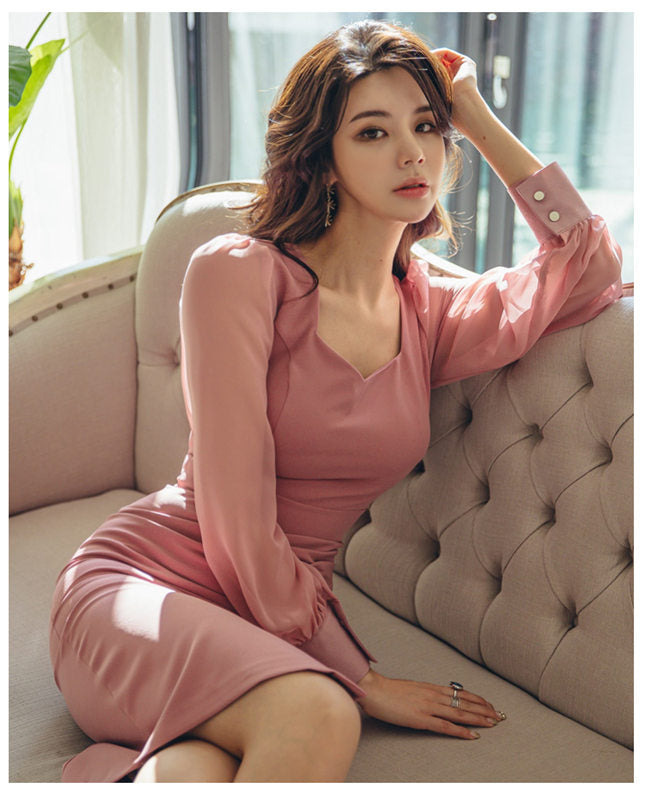 CM-DF082018 Women Elegant Seoul Style Square Collar Chiffon Sleeve Slim Dress - Pink