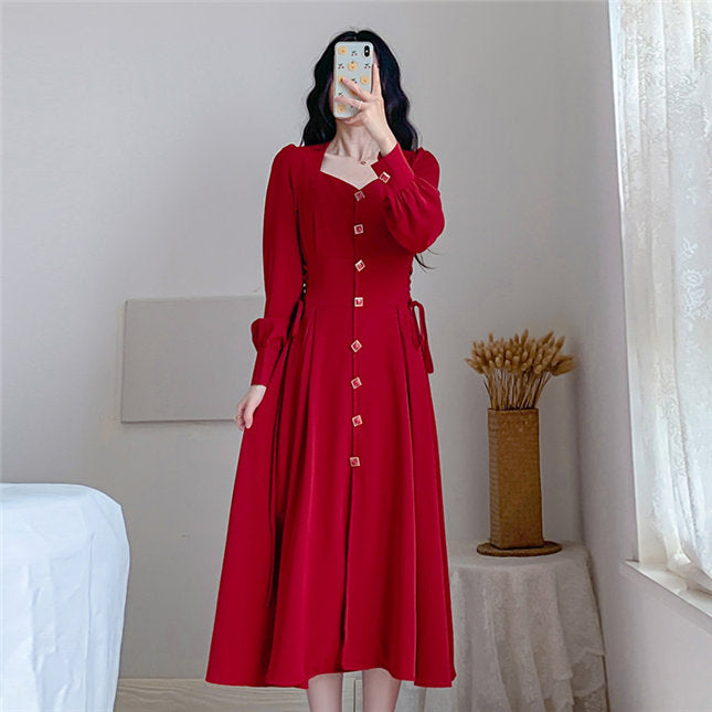 CM-DF082103 Women Preppy Seoul Style Single-Breasted Tie Waist Long Dress - Wine Red