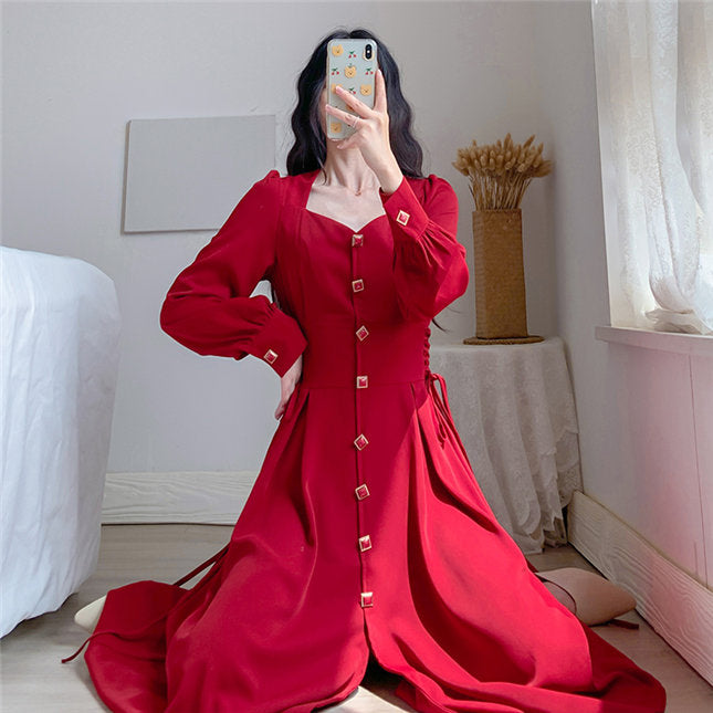 CM-DF082103 Women Preppy Seoul Style Single-Breasted Tie Waist Long Dress - Wine Red