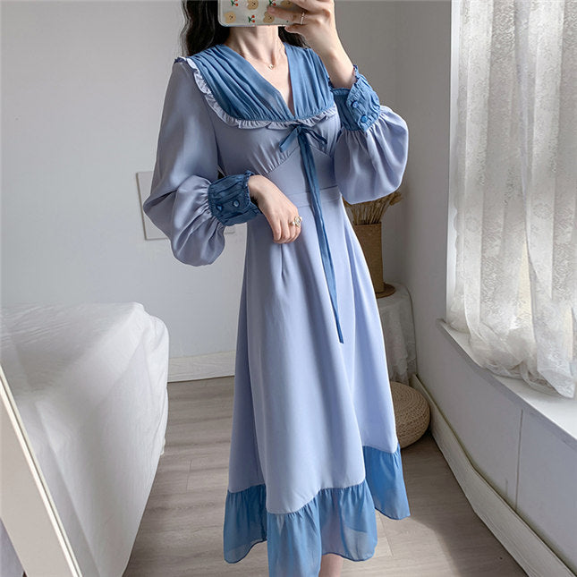 CM-DF082104 Women Casual Seoul Style High Waist Color Block Fishtail A-Line Dress - Blue
