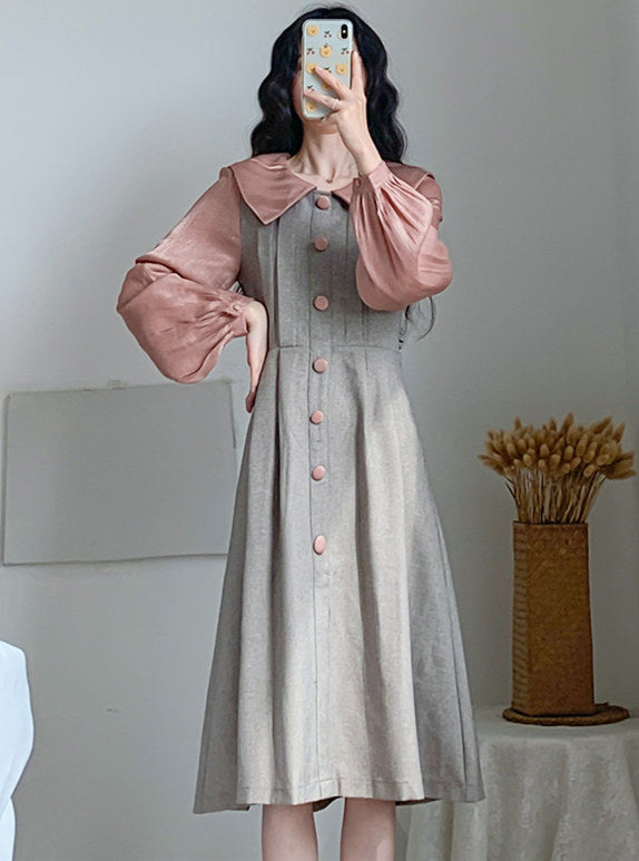 CM-DF082107 Women Trendy Seoul Style Doll Collar Single-Breasted Puff Sleeve Dress