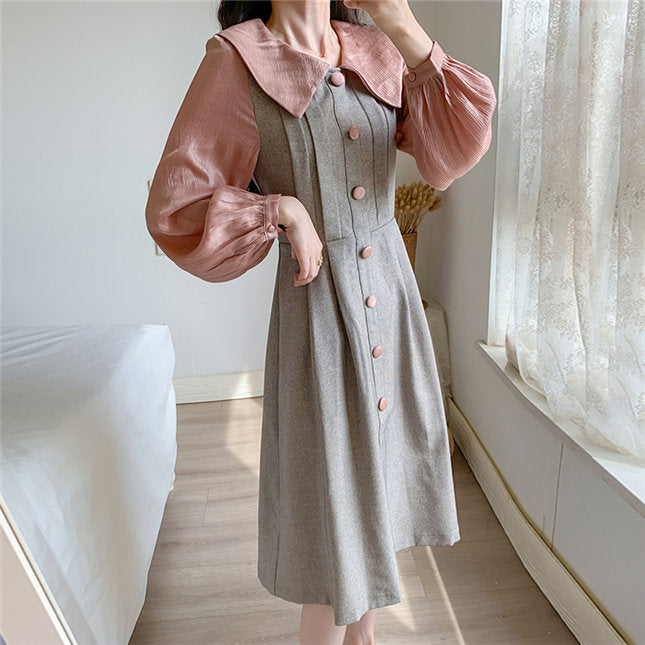 CM-DF082107 Women Trendy Seoul Style Doll Collar Single-Breasted Puff Sleeve Dress