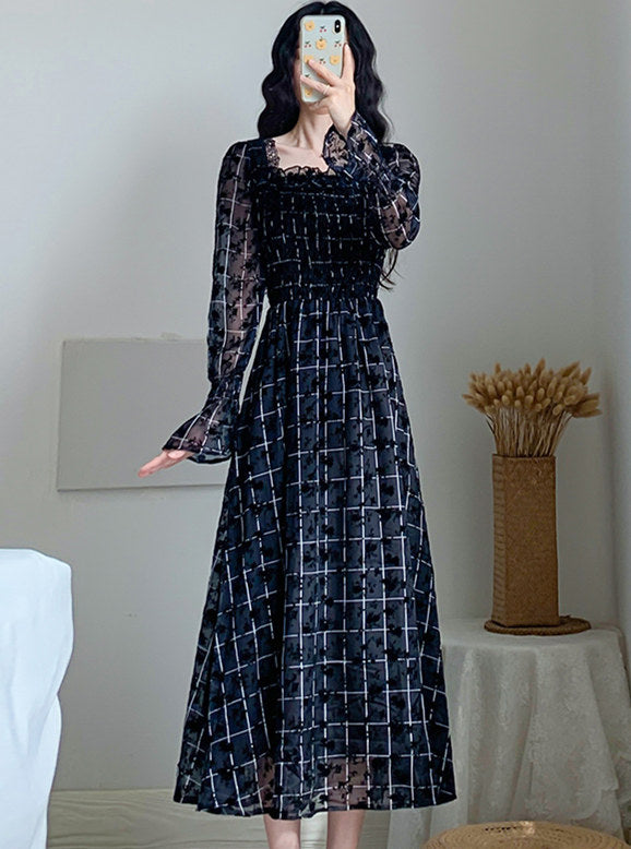 CM-DF082110 Women Casual Seoul Style High Waist Square Collar Plaids Long Dress - Black