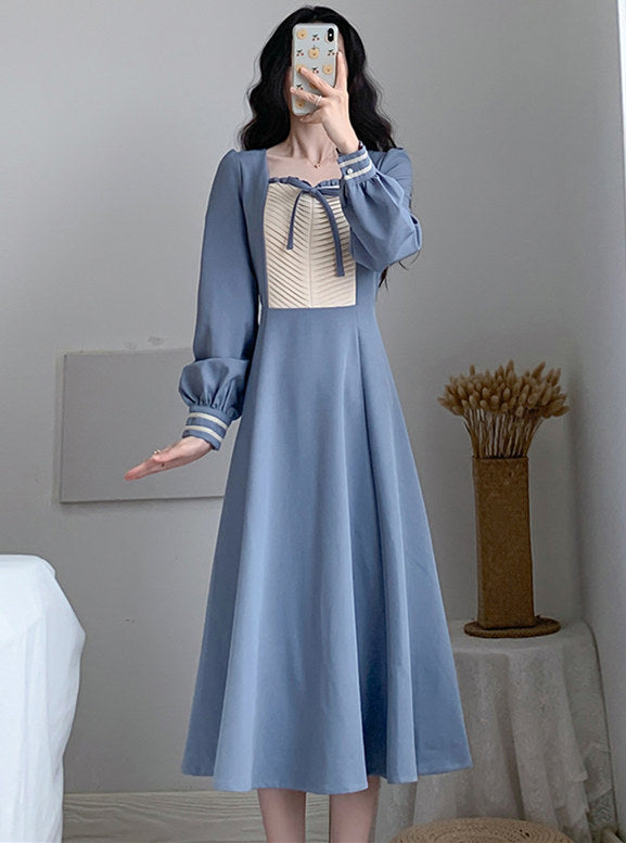 CM-DF082113 Women Preppy Seoul Style Long Sleeve Square Collar A-Line Maxi Dress