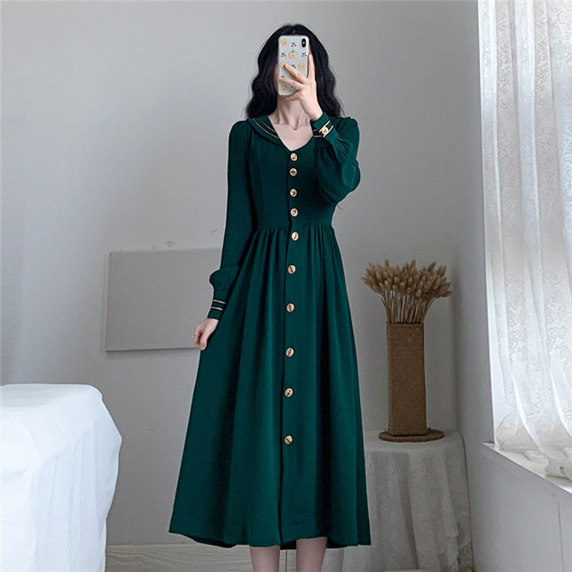 CM-DF082112 Women Retro Seoul Style Single-Breasted Doll Collar Long Dress - Green