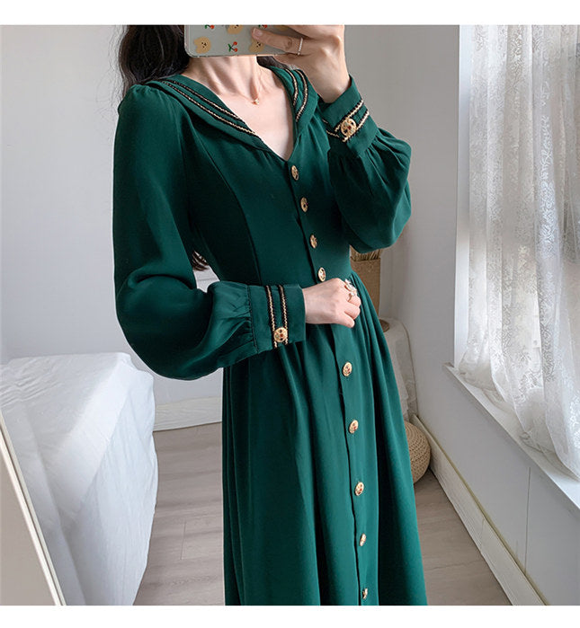 CM-DF082112 Women Retro Seoul Style Single-Breasted Doll Collar Long Dress - Green