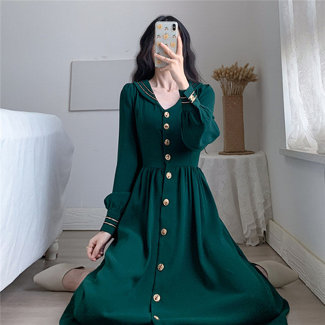 CM-DF082112 Women Retro Seoul Style Single-Breasted Doll Collar Long Dress - Green