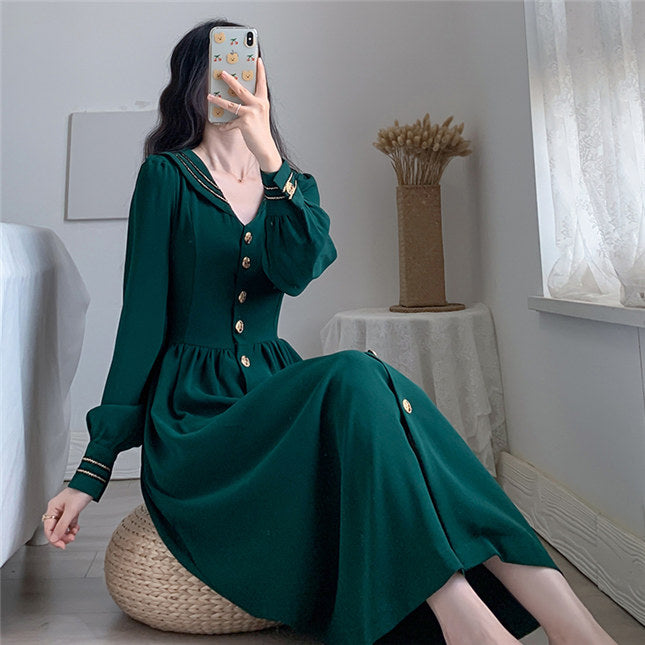 CM-DF082112 Women Retro Seoul Style Single-Breasted Doll Collar Long Dress - Green