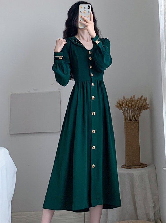 CM-DF082112 Women Retro Seoul Style Single-Breasted Doll Collar Long Dress - Green