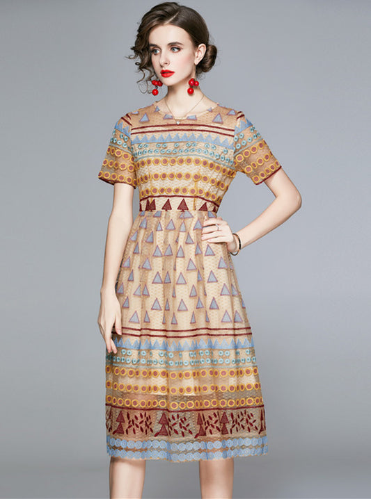 CM-DF082202 Women Retro European Style High Waist Embroidery A-Line Dress