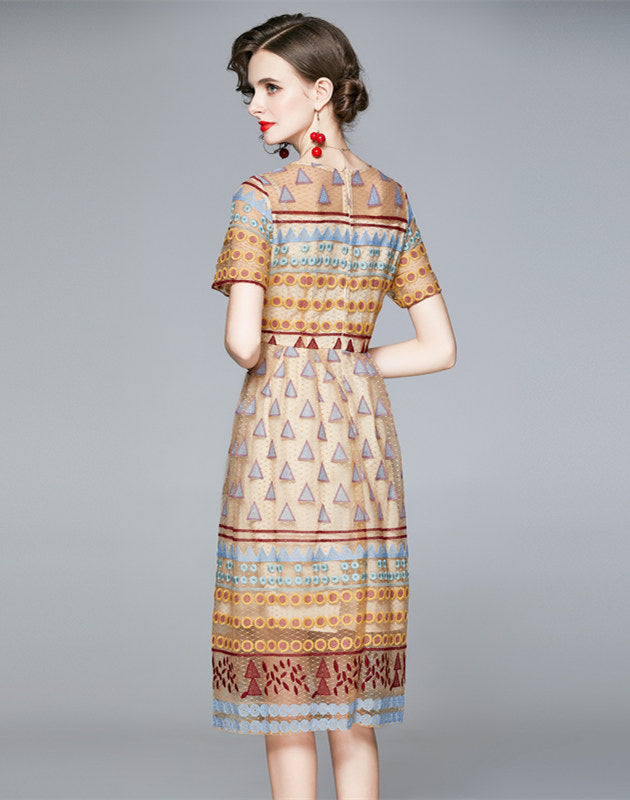 CM-DF082202 Women Retro European Style High Waist Embroidery A-Line Dress