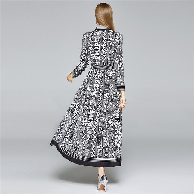 CM-DF082203 Women Casual European Style Shirt Collar Floral Maxi Dress