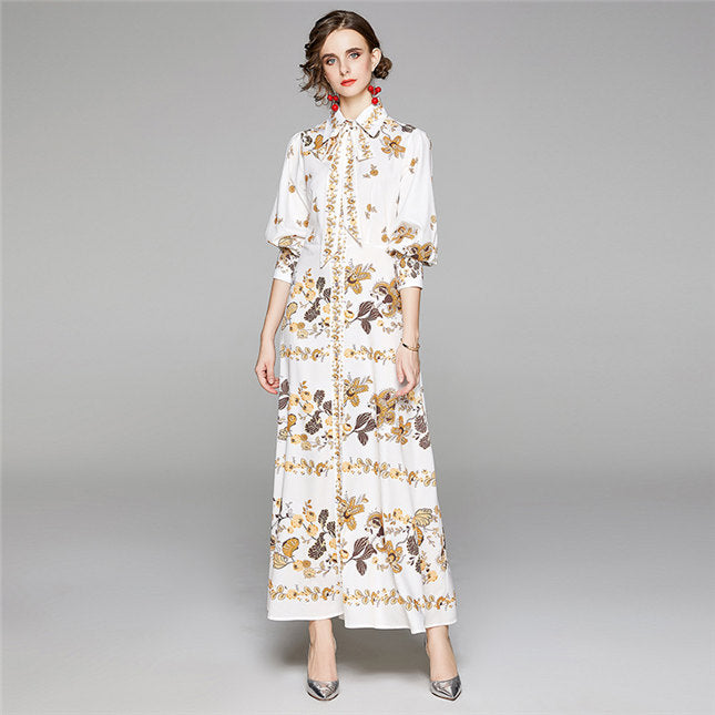 CM-DF082205 Women Charming European Style Tie Waist Puff Sleeve Floral Long Dress