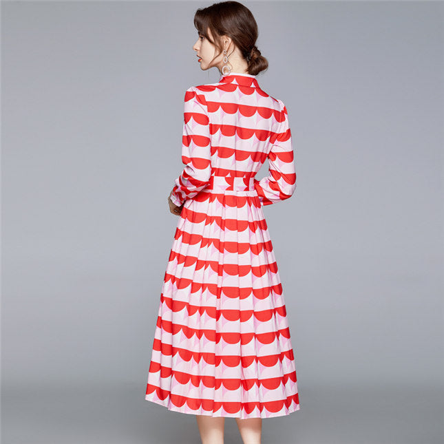 CM-DF082218 Women Retro European Style Long Sleeve Tie Waist A-Line Dress