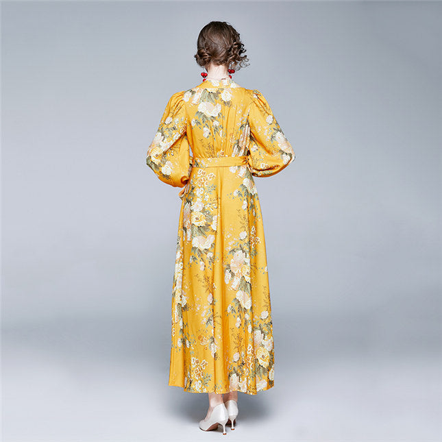 CM-DF082220 Women Retro European Style Tie Waist V-Neck Floral Puff Sleeve Maxi Dress