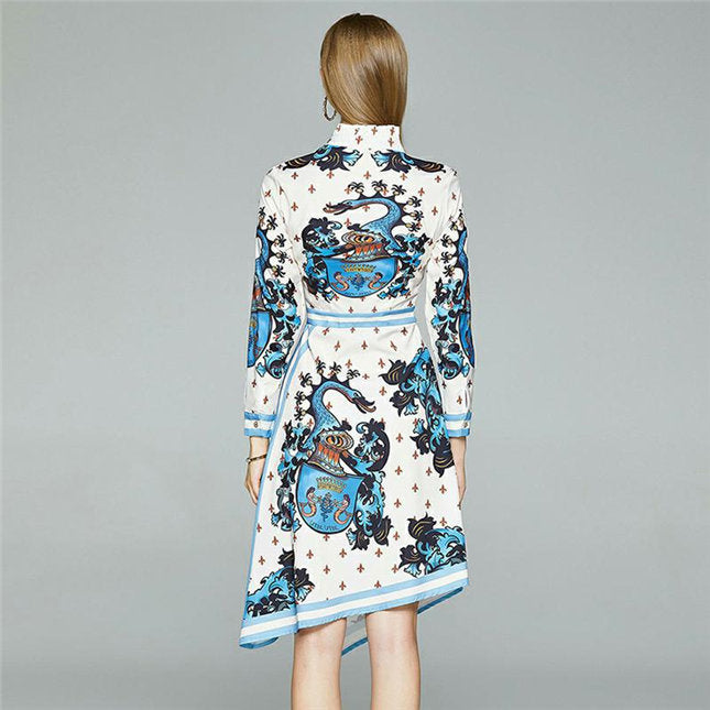 CM-DF082504 Women Casual European Style Stand Collar Printings Long Sleeve Dress