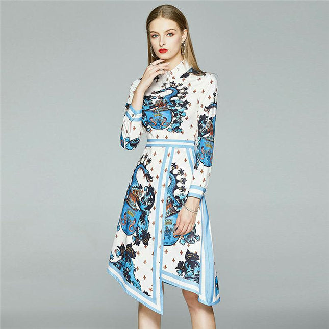 CM-DF082504 Women Casual European Style Stand Collar Printings Long Sleeve Dress