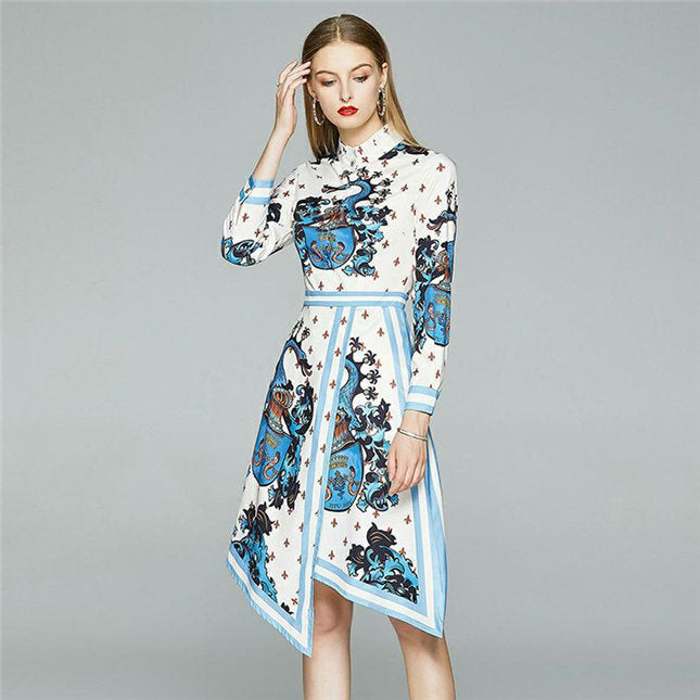 CM-DF082504 Women Casual European Style Stand Collar Printings Long Sleeve Dress