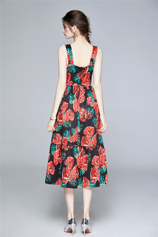 CM-DF082509 Women Casual European Style High Waist Floral Straps Maxi Dress - Red