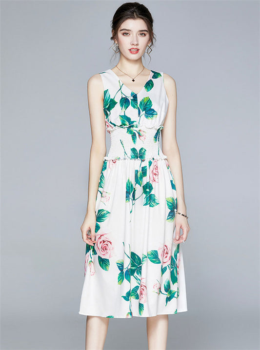 CM-DF082512 Women Casual European Style V-Neck Elastic Waist Floral Tank Dress - White