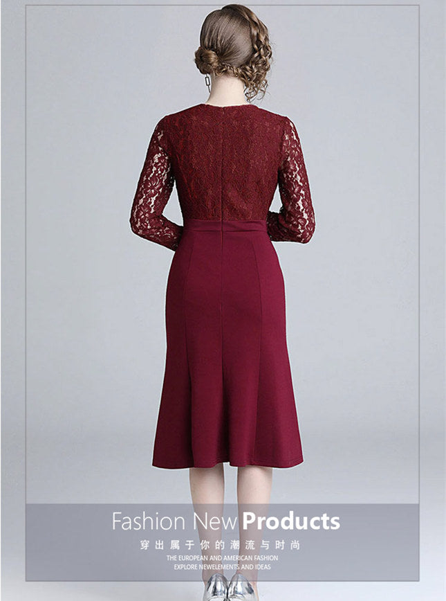 CM-DF082518 Women Elegant European Style Lace Long Sleeve Fishtail Skinny Dress - Wine Red
