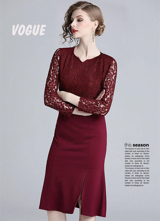 CM-DF082518 Women Elegant European Style Lace Long Sleeve Fishtail Skinny Dress - Wine Red