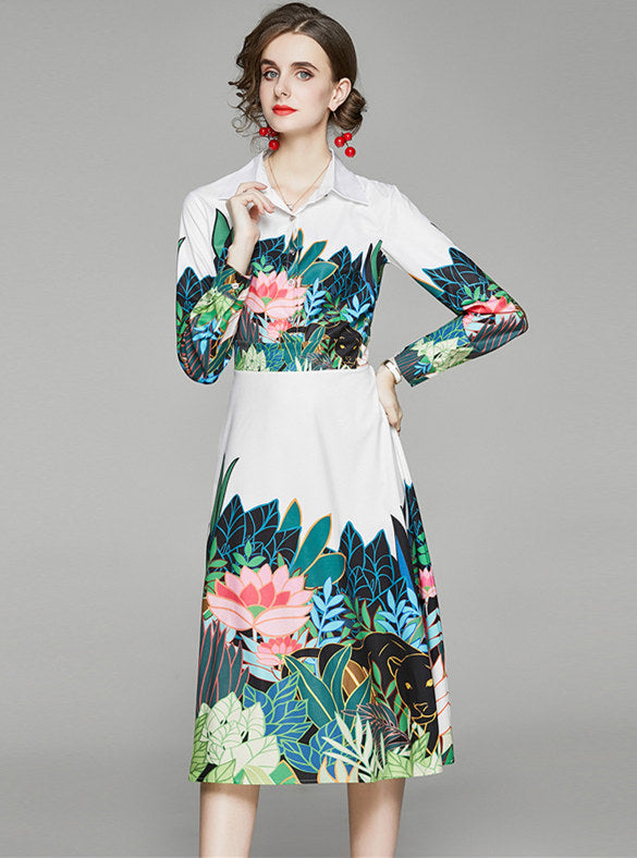 CM-DF082519 Women Charming European Style Shirt Collar Long Sleeve Floral Dress