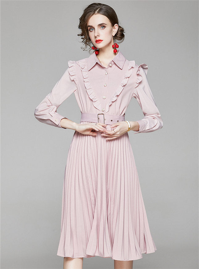 CM-DF082520 Women Elegant European Style Flouncing Shirt Collar Pleated A-Line Dress - Pink