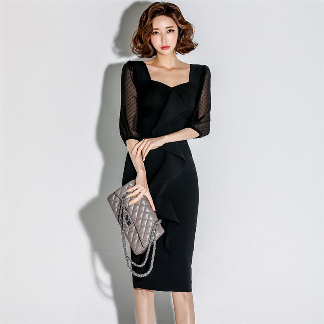 CM-DF082616 Women Elegant Seoul Style Flouncing Square Collar Gauze Puff Sleeve Dress - Black