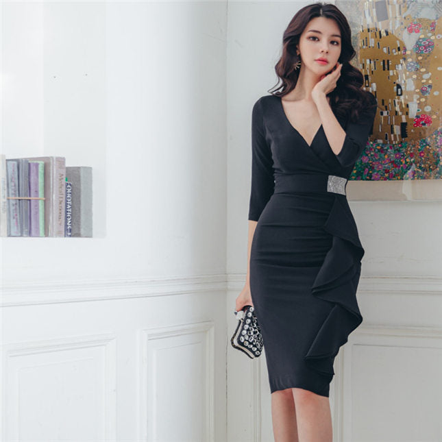 CM-DF082619 Women Casual Seoul Style Fitted Waist V-Neck Flouncing Slim Dress - Black