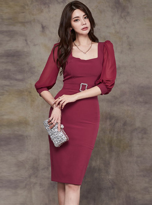 CM-DF082801 Women Casual Seoul Style Square Collar Fitted Waist Puff Sleeve Dress - Wine Red