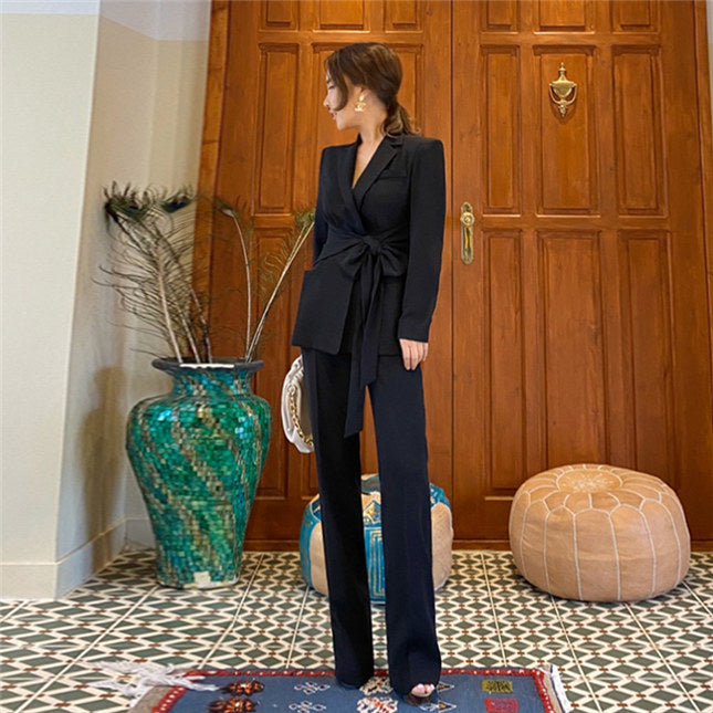 CM-SF082802 Women Elegant Seoul Style Tailored Collar Tie Waist Coat With Long Pants - Set