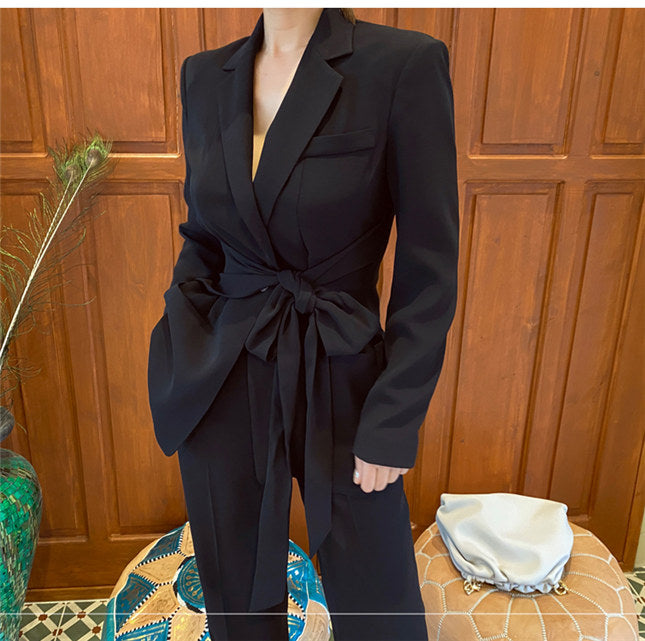 CM-SF082802 Women Elegant Seoul Style Tailored Collar Tie Waist Coat With Long Pants - Set