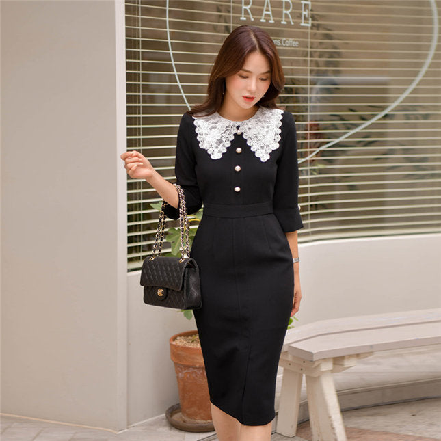 CM-DF082804 Women Casual Seoul Style Lace Doll Collar Mid-Sleeve Bodycon Dress - Black