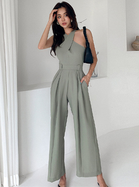 CM-JF082816 Women Casual Seoul Style High Waist Halter Wide-Leg Long Jumpsuit