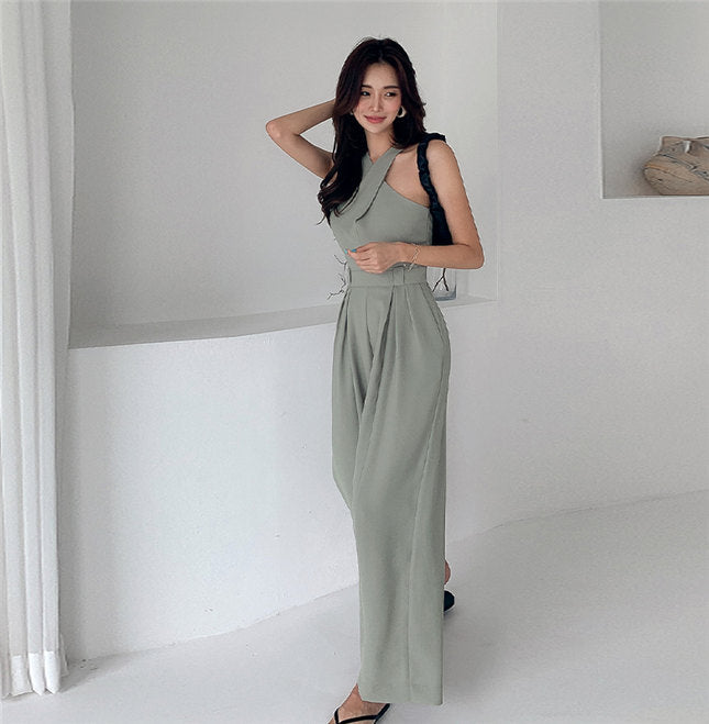 CM-JF082816 Women Casual Seoul Style High Waist Halter Wide-Leg Long Jumpsuit